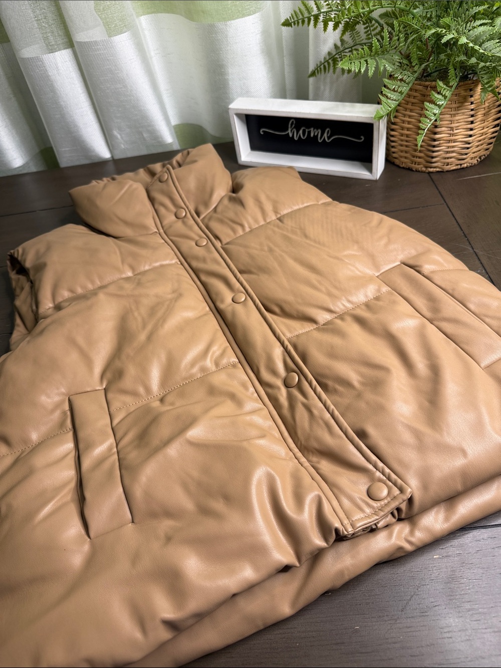 Women's Tan Puffer Vest - Faux Leather Puffer Vest